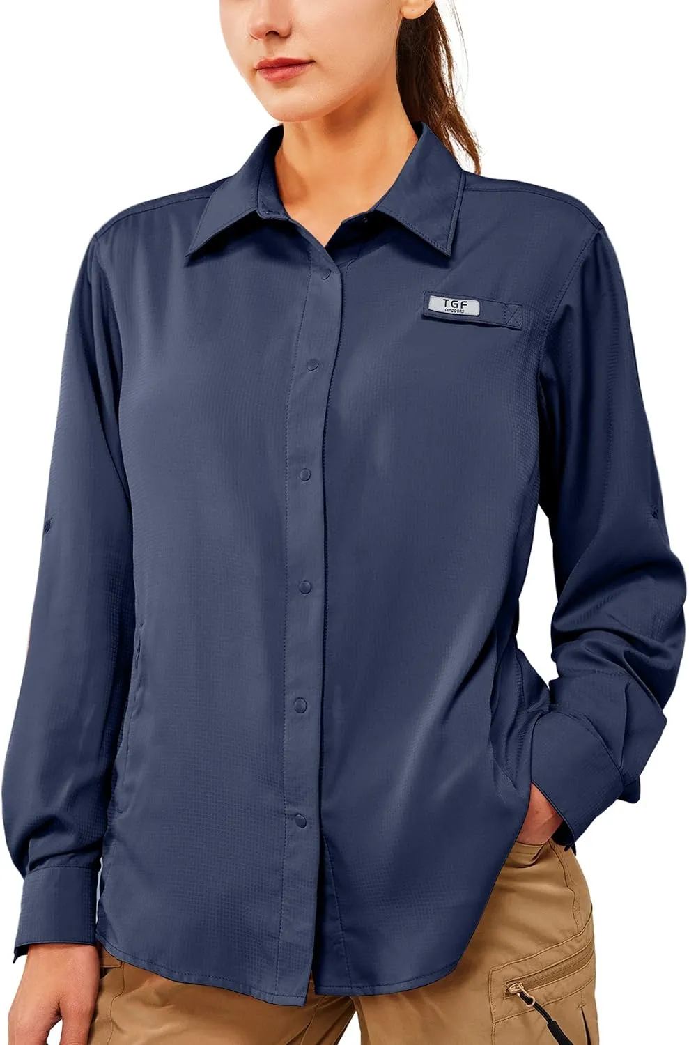 TGF Women's Sun Protection Fishing Shirts Long Sleeve Button Up Shirt with Zipper Pockets for Traveling Hiking Camping