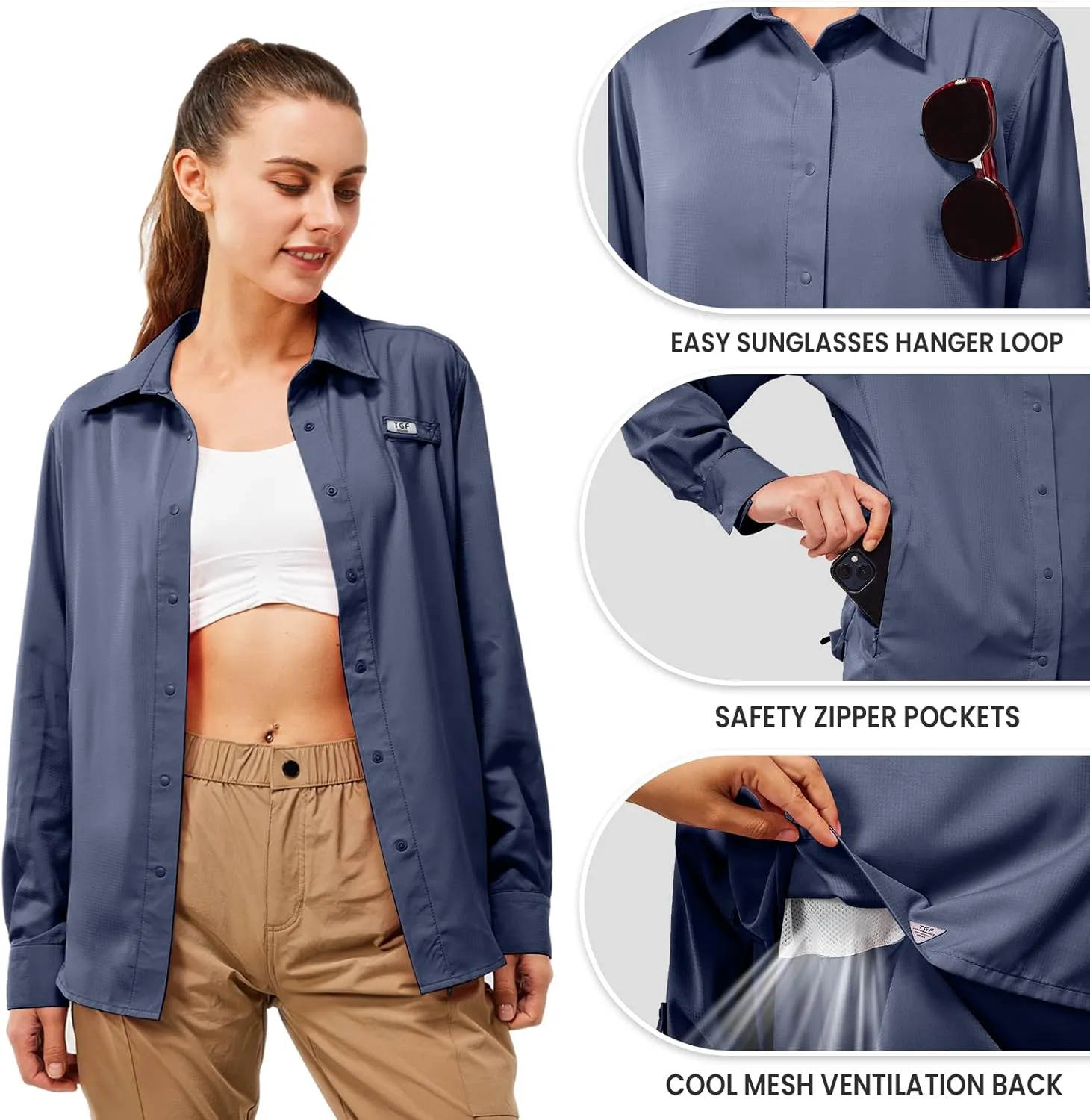 TGF Women's Sun Protection Fishing Shirts Long Sleeve Button Up Shirt with Zipper Pockets for Traveling Hiking Camping