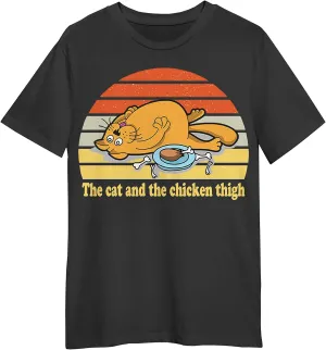 The Cat and The Chicken Thigh Retro Sunset T-Shirt, Funny The Cat and The Chicken Thigh Retro Sunset T-Shirt Black