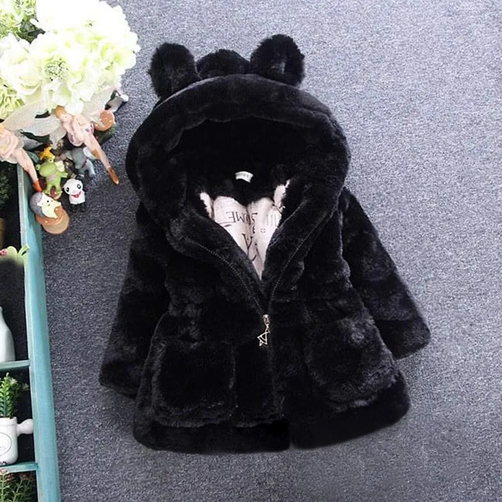 Toddler Baby Girl Winter Fur Hooded Coat Rabbit Ears Jacket Cloak Snowsuit Warm Outerwear Kids Clothes 6M-6Y