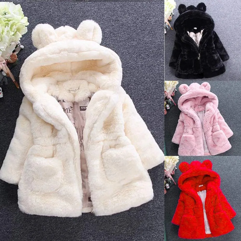 Toddler Baby Girl Winter Fur Hooded Coat Rabbit Ears Jacket Cloak Snowsuit Warm Outerwear Kids Clothes 6M-6Y
