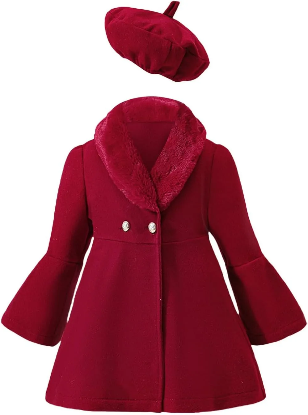 Toddler Girls Dress Coat Lapel Wool Blend Long Winter Button Trench Jackets with Pockets Hat Set (Red, 5-6 Years)