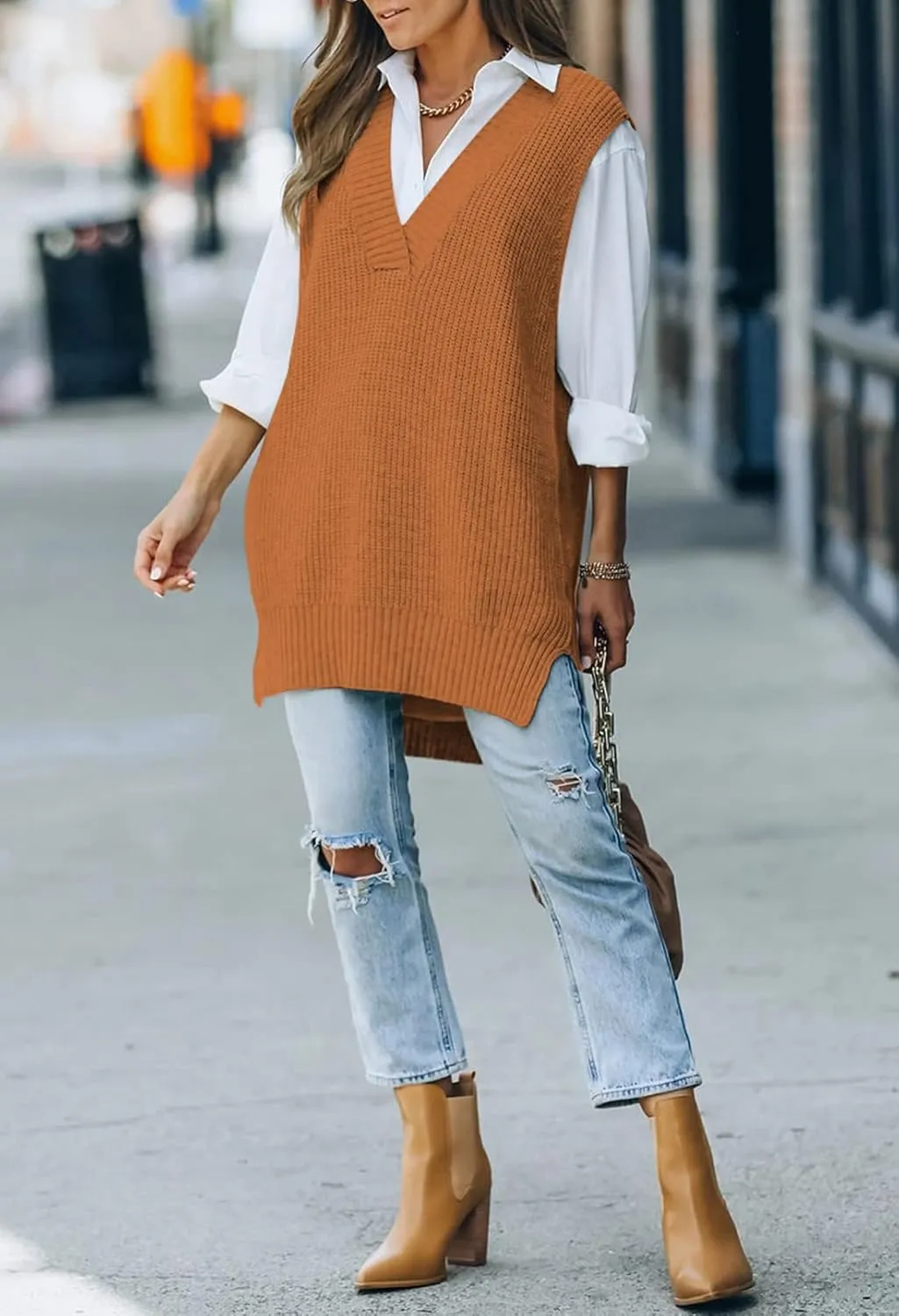 TOLENY Women V Neck Sweater Vest Tops Oversized Sleeveless Tunic Pullover Knitted Tops