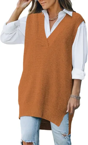 TOLENY Women V Neck Sweater Vest Tops Oversized Sleeveless Tunic Pullover Knitted Tops