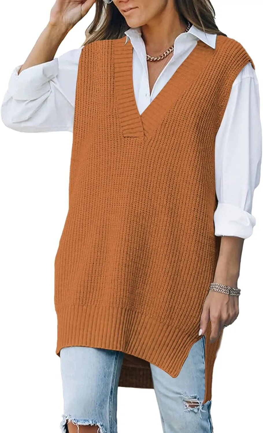 TOLENY Women V Neck Sweater Vest Tops Oversized Sleeveless Tunic Pullover Knitted Tops