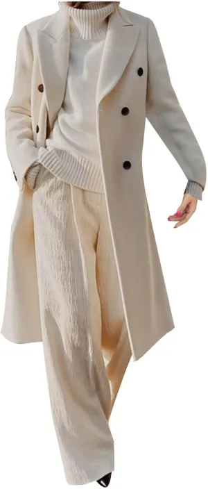 Trench Coat for Women 2024 Double Breasted Lapel Wool Coat Fall Long Sleeve Midi Jacket Windproof Overcoat