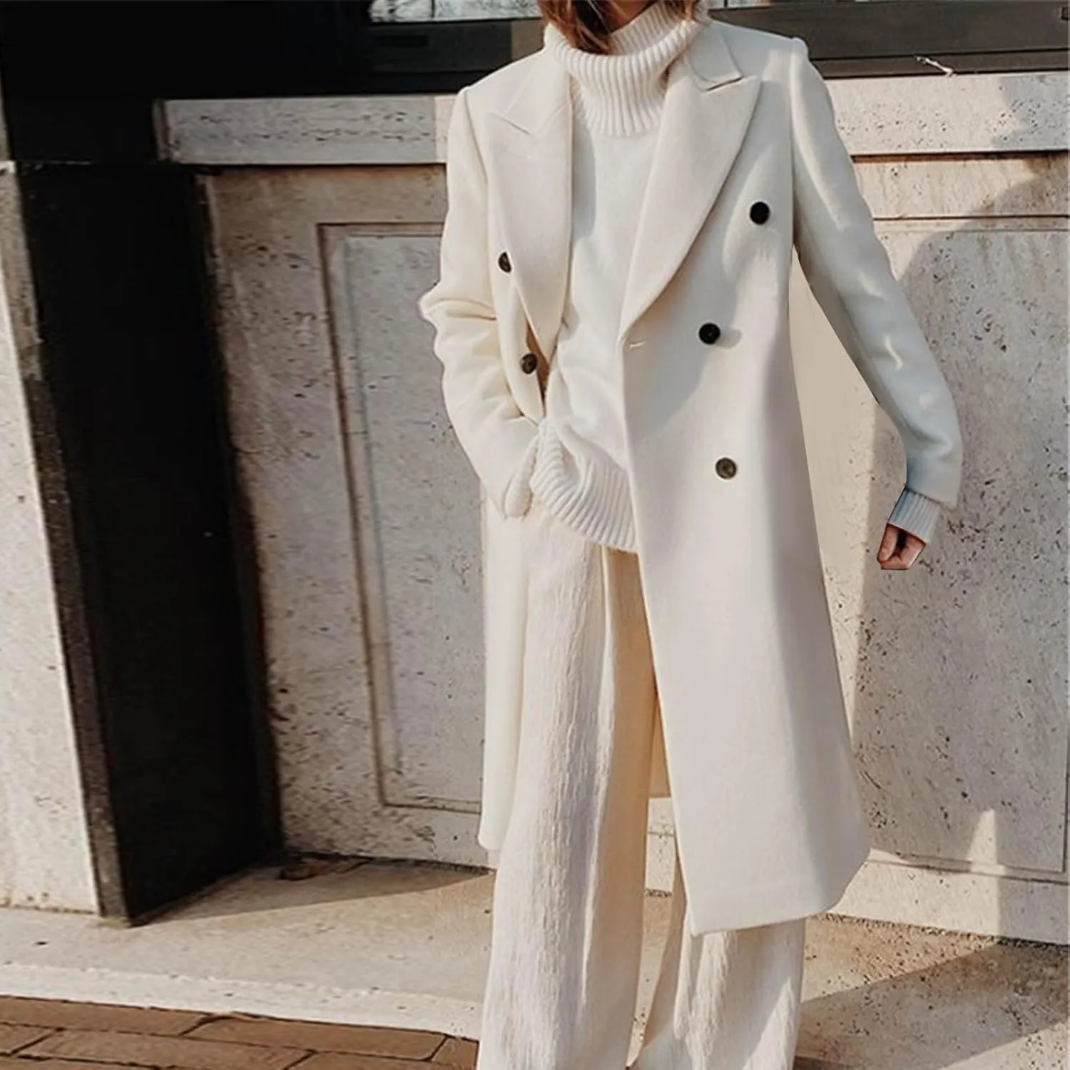 Trench Coat for Women 2024 Double Breasted Lapel Wool Coat Fall Long Sleeve Midi Jacket Windproof Overcoat