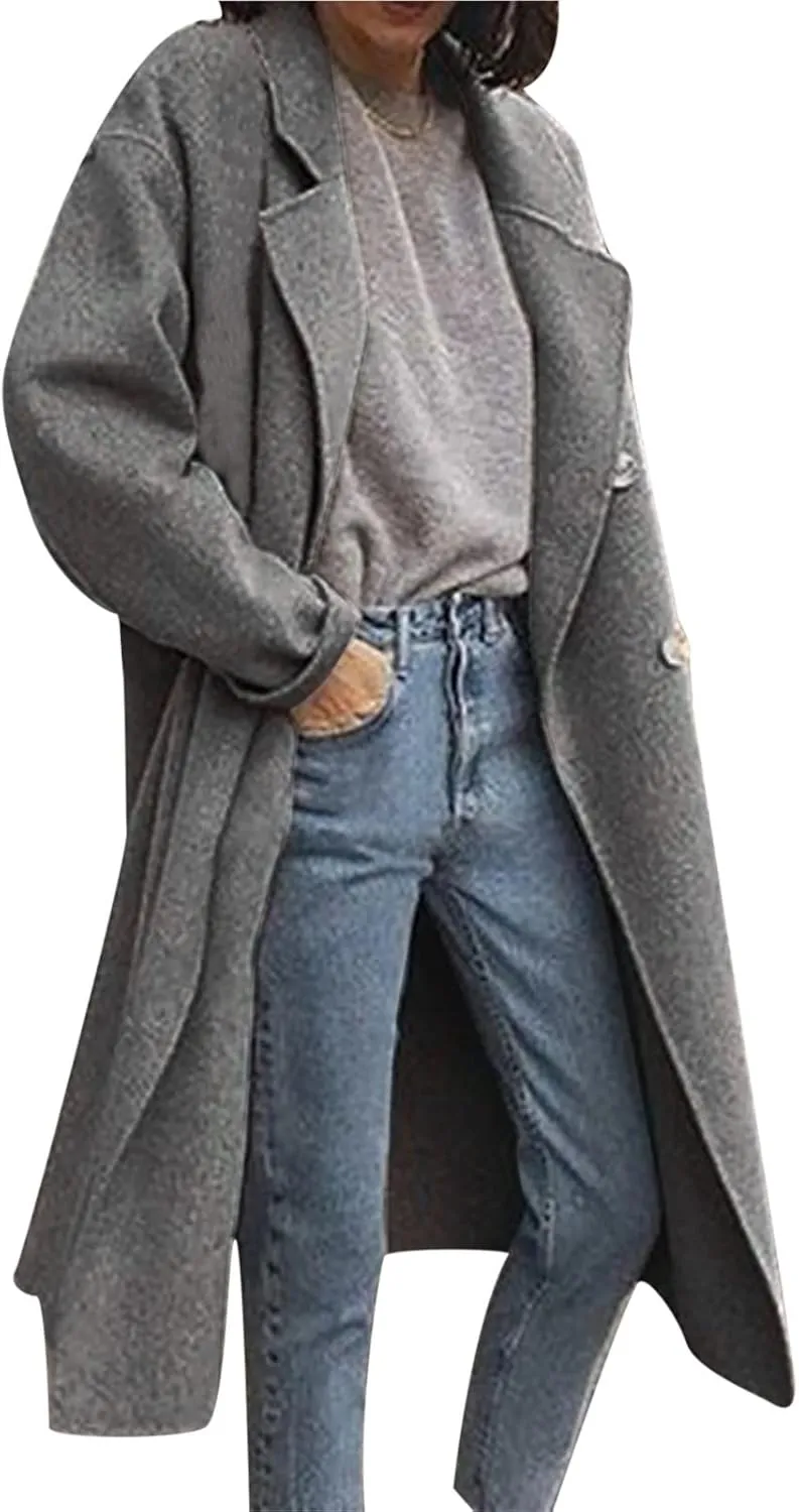 Trench Coat for Women 2024 Double Breasted Lapel Wool Coat Fall Long Sleeve Midi Jacket Windproof Overcoat