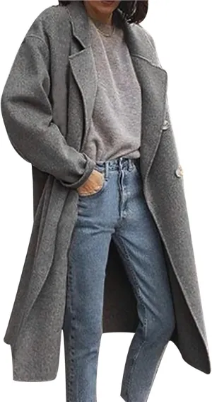 Trench Coat for Women 2024 Double Breasted Lapel Wool Coat Fall Long Sleeve Midi Jacket Windproof Overcoat