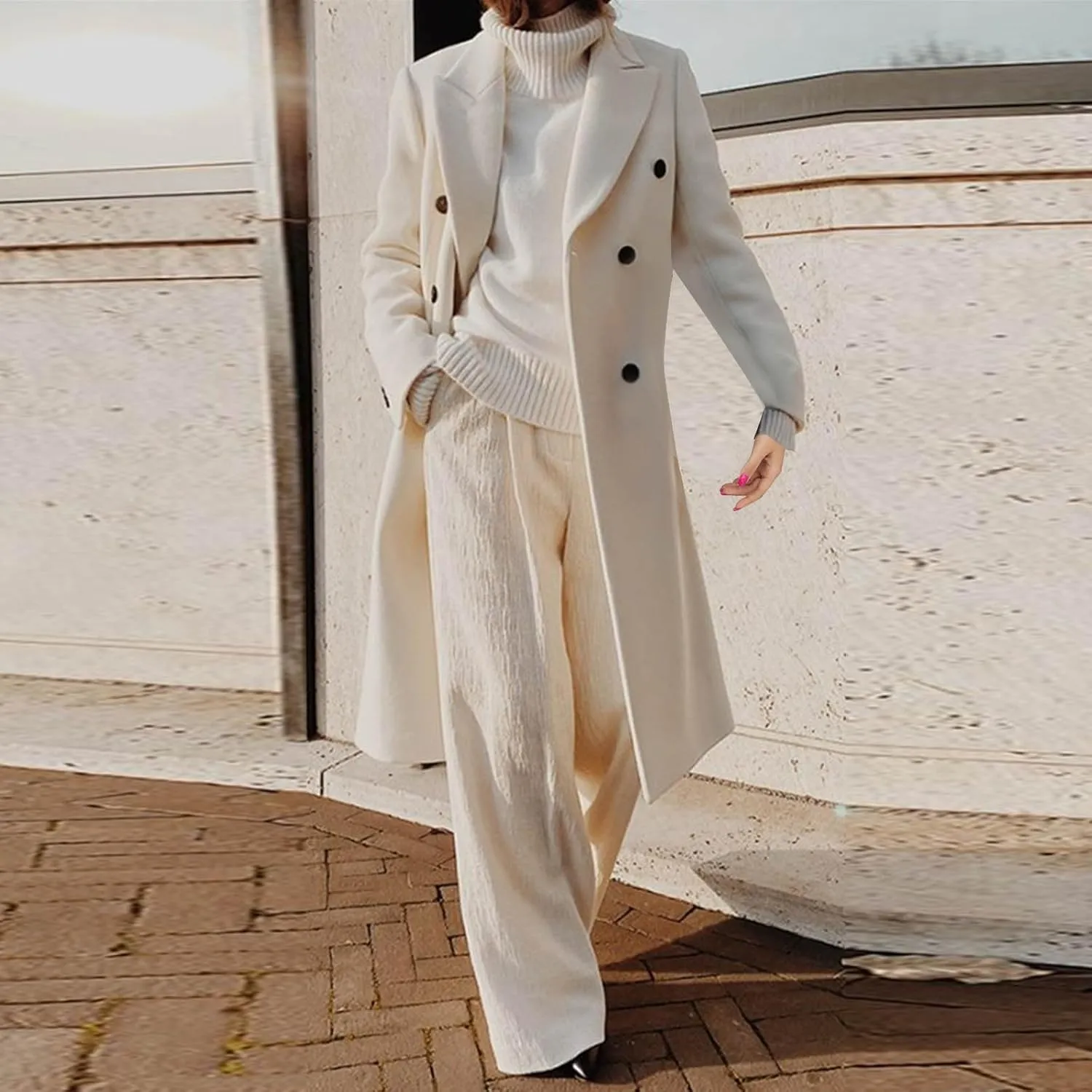 Trench Coat for Women 2024 Double Breasted Lapel Wool Coat Fall Long Sleeve Midi Jacket Windproof Overcoat
