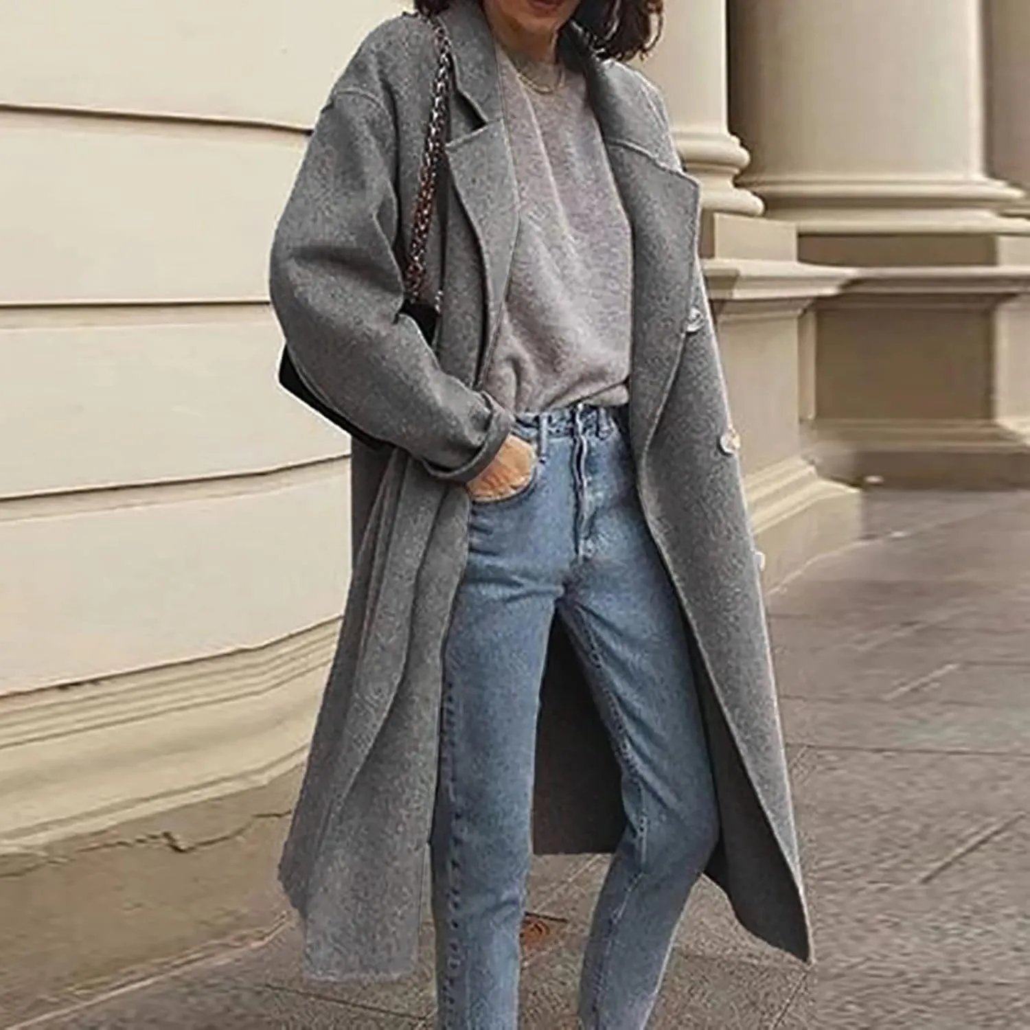 Trench Coat for Women 2024 Double Breasted Lapel Wool Coat Fall Long Sleeve Midi Jacket Windproof Overcoat