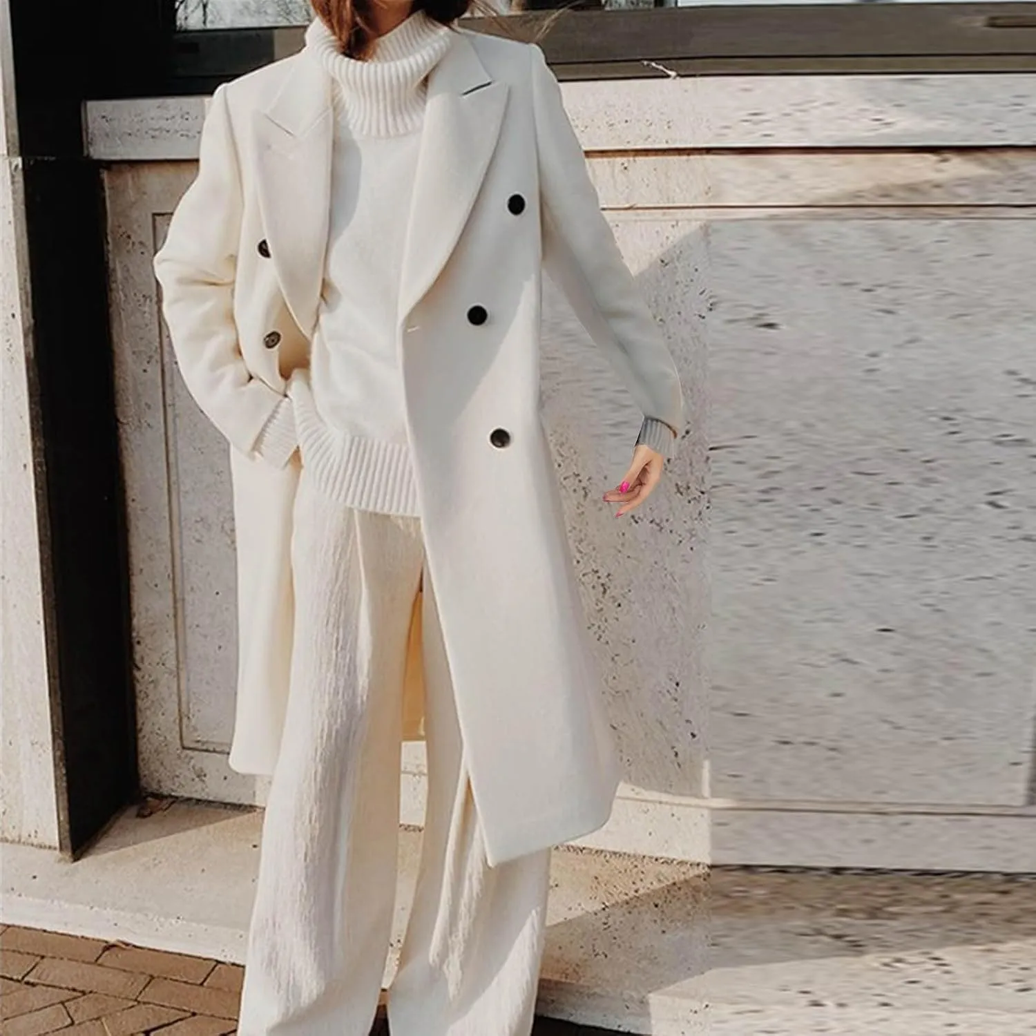 Trench Coat for Women 2024 Double Breasted Lapel Wool Coat Fall Long Sleeve Midi Jacket Windproof Overcoat