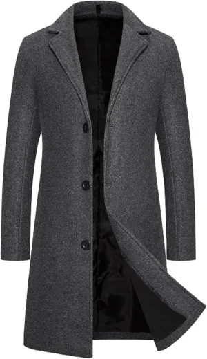 Trench Coat Men Single Breasted Wool Blend Coat, Notched Lapel Mid Length Pea Coat, Warm Winter Trench Coat With Pockets
