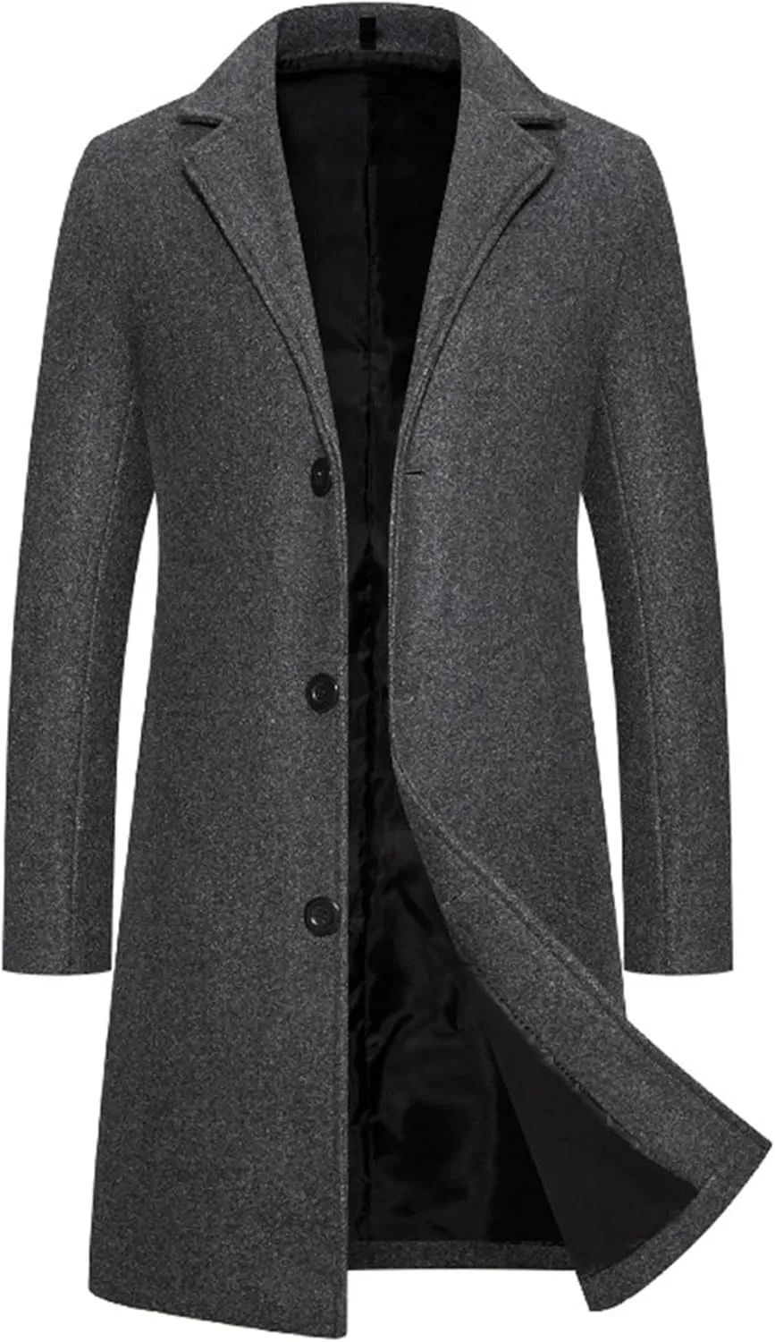 Trench Coat Men Single Breasted Wool Blend Coat, Notched Lapel Mid Length Pea Coat, Warm Winter Trench Coat With Pockets