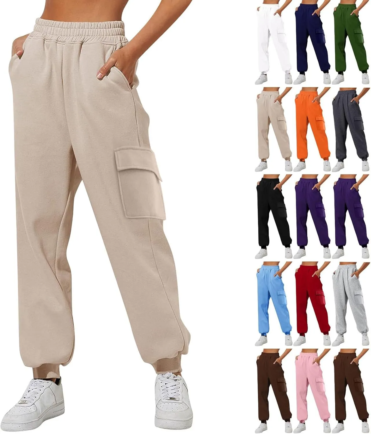 Trendy Sweatpants for Women 2024 Cargo Pants Women Casual Solid Elastic Casual Pants with Pockets Trousers