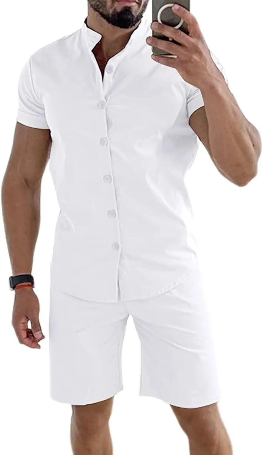 Uni Clau Mens Short Sets 2 Piece Outfits Summer Button Down Shirt and Shorts Set Beach Tracksuit