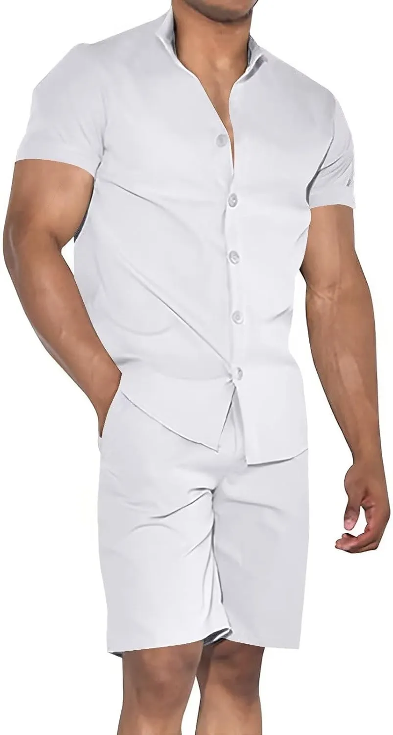 Uni Clau Mens Short Sets 2 Piece Outfits Summer Button Down Shirt and Shorts Set Beach Tracksuit