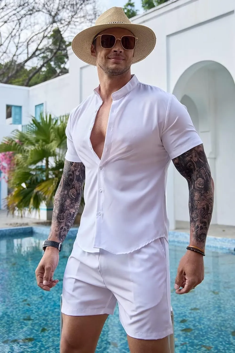 Uni Clau Mens Short Sets 2 Piece Outfits Summer Button Down Shirt and Shorts Set Beach Tracksuit