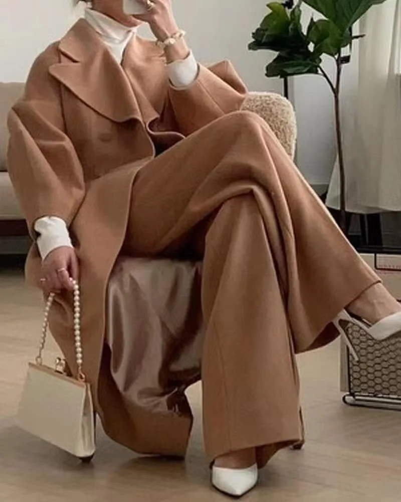 utcoco Womens Notched Lapel Double Breasted Pea Coat Winter Warm Wool Blend Overcoat Long Trench Coat