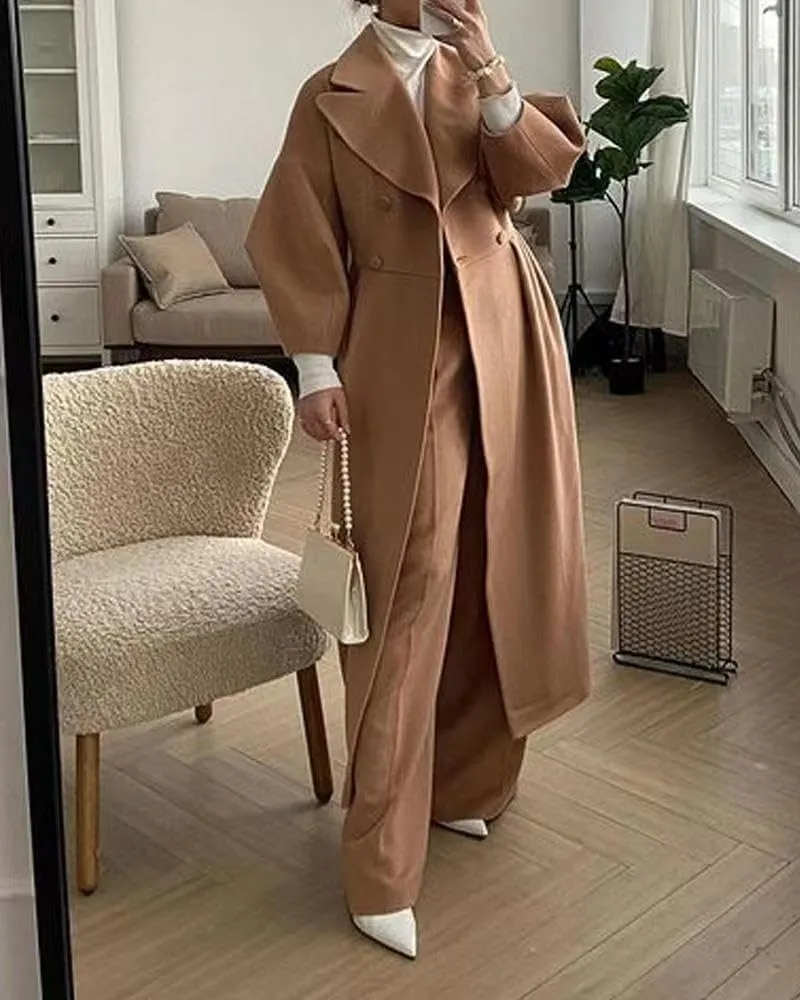 utcoco Womens Notched Lapel Double Breasted Pea Coat Winter Warm Wool Blend Overcoat Long Trench Coat