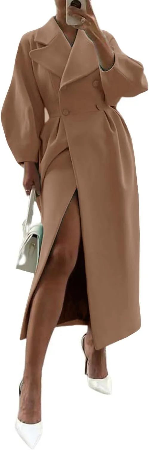 utcoco Womens Notched Lapel Double Breasted Pea Coat Winter Warm Wool Blend Overcoat Long Trench Coat