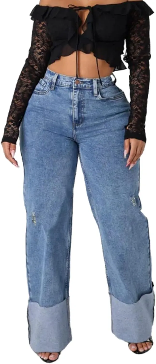 Vaceky Cuffed Jeans for Women Stretch Wide Straight Leg Distressed Denim Pants