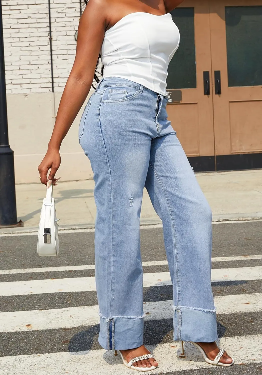 Vaceky Cuffed Jeans for Women Stretch Wide Straight Leg Distressed Denim Pants