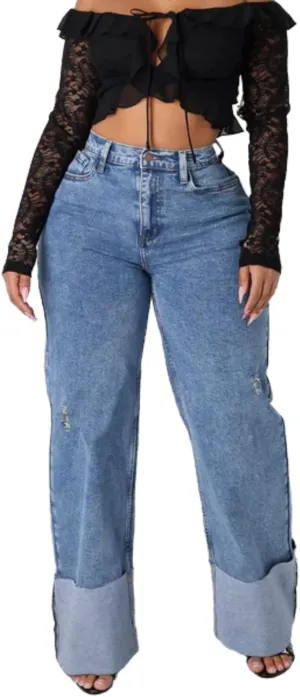 Vaceky Cuffed Jeans for Women Stretch Wide Straight Leg Distressed Denim Pants