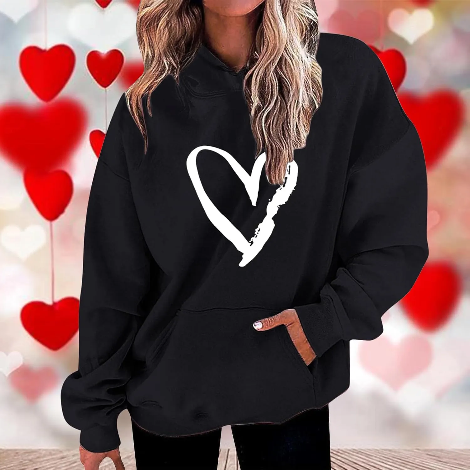 Valentines Hoodies For Women Dressy Casual 2025 Love Heart Print Oversized Fleece Hooded Pullover Sweatshirts