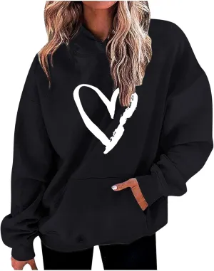 Valentines Hoodies For Women Dressy Casual 2025 Love Heart Print Oversized Fleece Hooded Pullover Sweatshirts