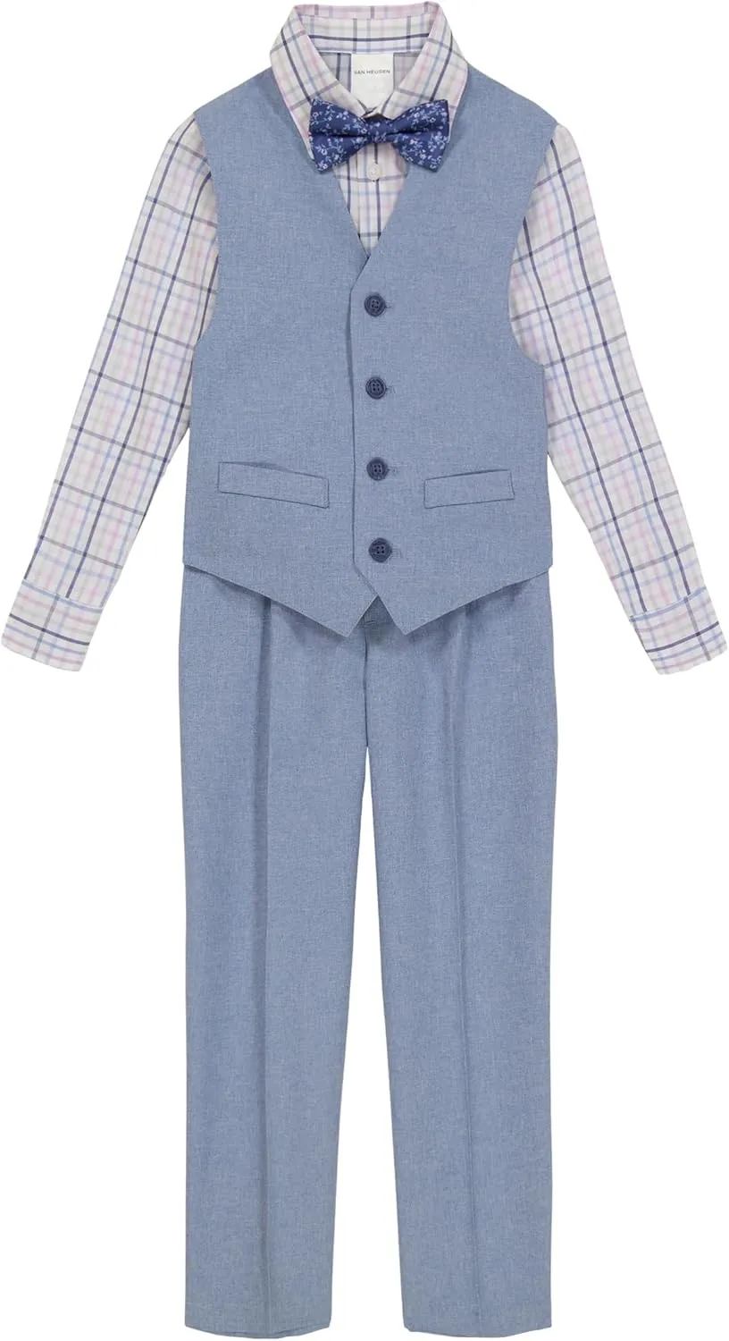 Van Heusen Boys' 4-Piece Formal Suit Set, Vest, Pants, Collared Dress Shirt, and Tie