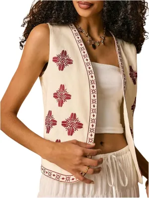 Verdusa Women's Flower Embroidery Western Vest Sleeveless Vintage Tank Top