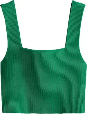 Verdusa Women's Square Neck Sleeveless Solid Ribbed Knit Crop Top Tank