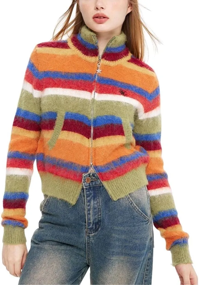 Vintage Striped Cardigan Sweater Women Y2K Zip Up Cropped Sweater Lapel Mohair Knitted Tops