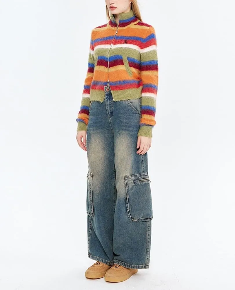 Vintage Striped Cardigan Sweater Women Y2K Zip Up Cropped Sweater Lapel Mohair Knitted Tops