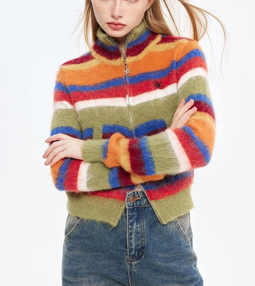 Vintage Striped Cardigan Sweater Women Y2K Zip Up Cropped Sweater Lapel Mohair Knitted Tops