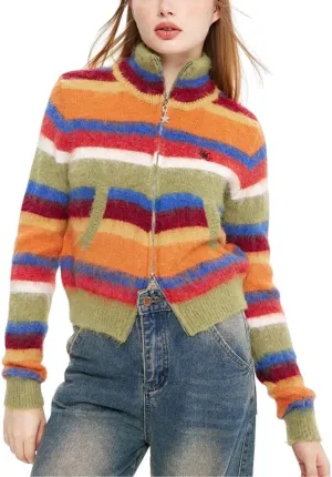 Vintage Striped Cardigan Sweater Women Y2K Zip Up Cropped Sweater Lapel Mohair Knitted Tops