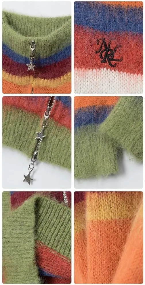 Vintage Striped Cardigan Sweater Women Y2K Zip Up Cropped Sweater Lapel Mohair Knitted Tops