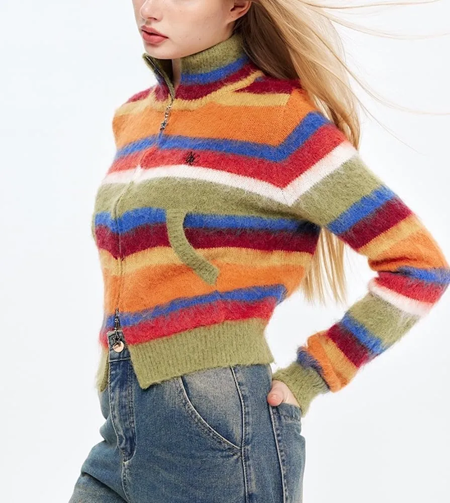 Vintage Striped Cardigan Sweater Women Y2K Zip Up Cropped Sweater Lapel Mohair Knitted Tops