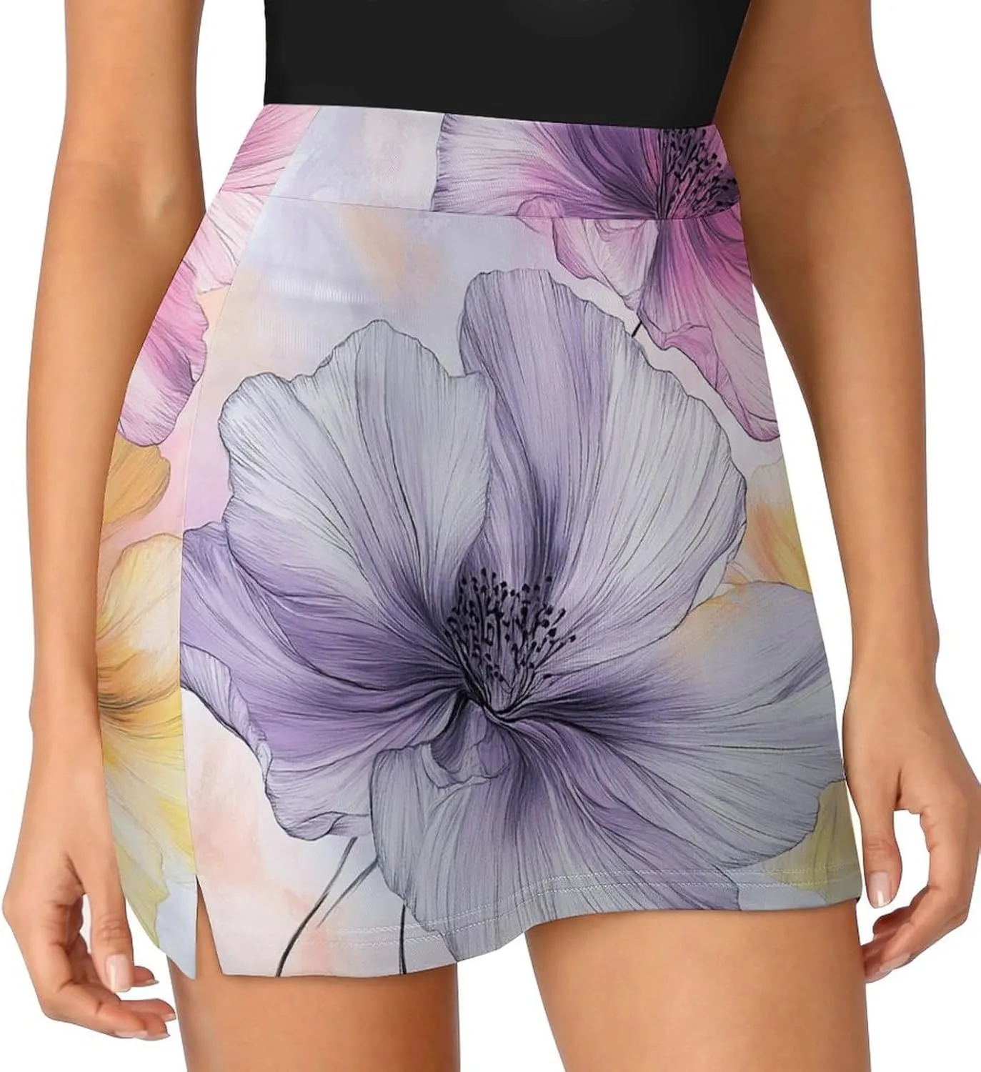 Watercolor Flowers Women's Mini Tennis Skirt with Shorts Underneath Athletic Workout Cute Skorts