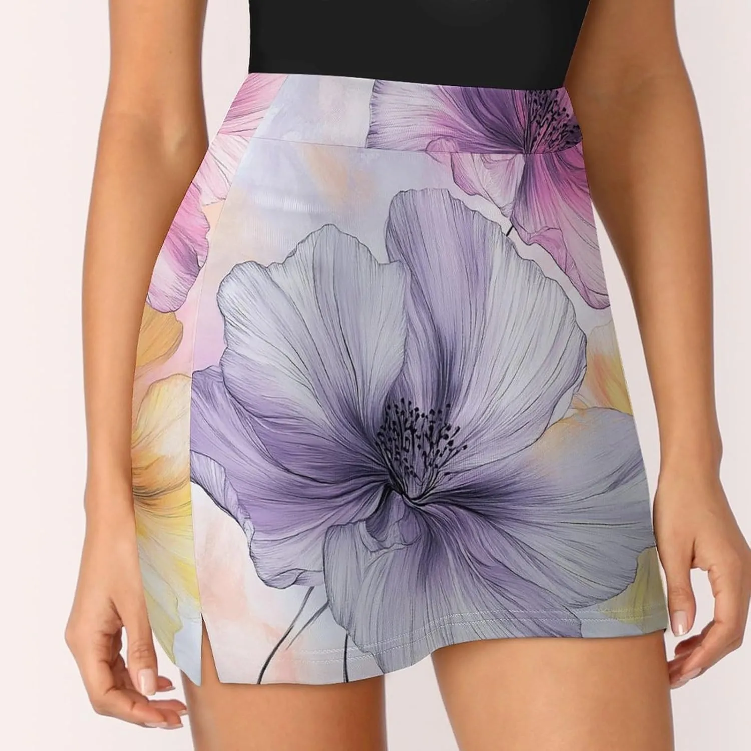 Watercolor Flowers Women's Mini Tennis Skirt with Shorts Underneath Athletic Workout Cute Skorts