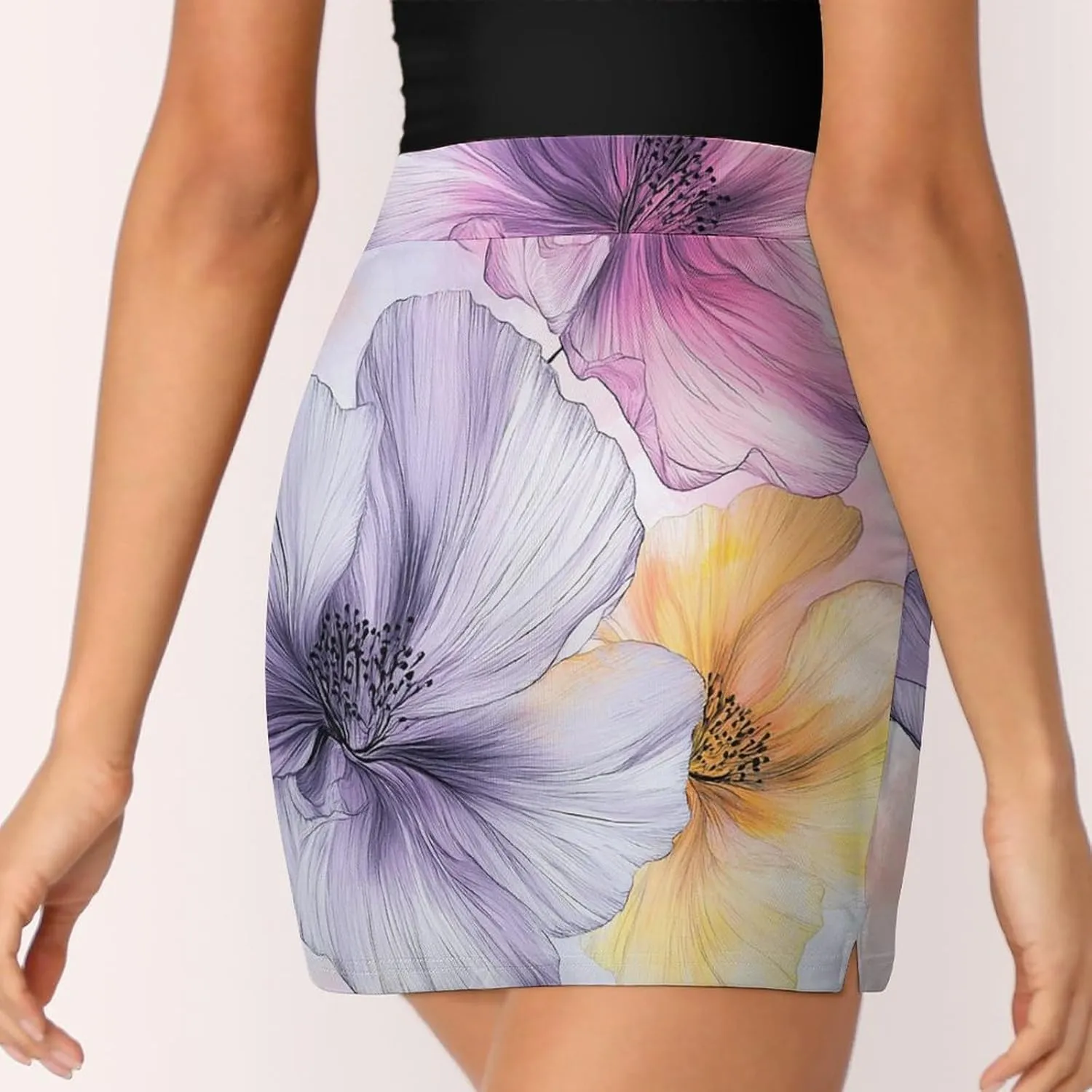 Watercolor Flowers Women's Mini Tennis Skirt with Shorts Underneath Athletic Workout Cute Skorts