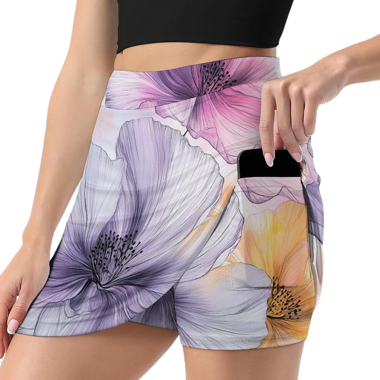 Watercolor Flowers Women's Mini Tennis Skirt with Shorts Underneath Athletic Workout Cute Skorts