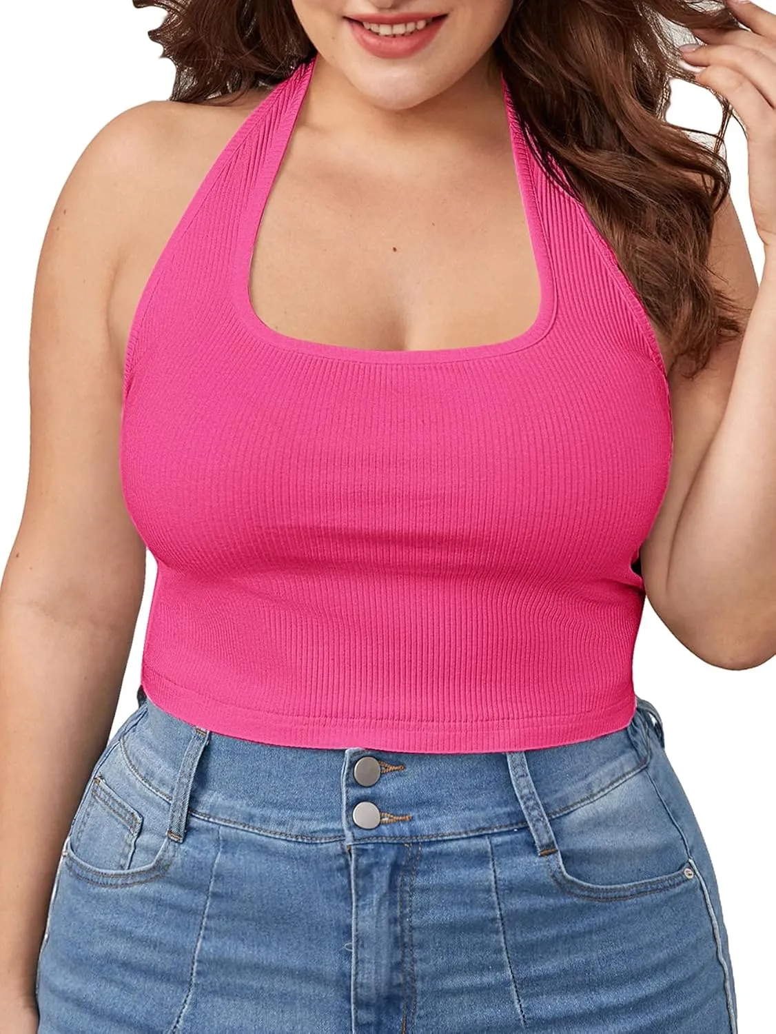 WDIRARA Women's Plus Size Sleeveless Backless Rib Knit Crop Halter Top