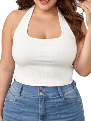 WDIRARA Women's Plus Size Sleeveless Backless Rib Knit Crop Halter Top