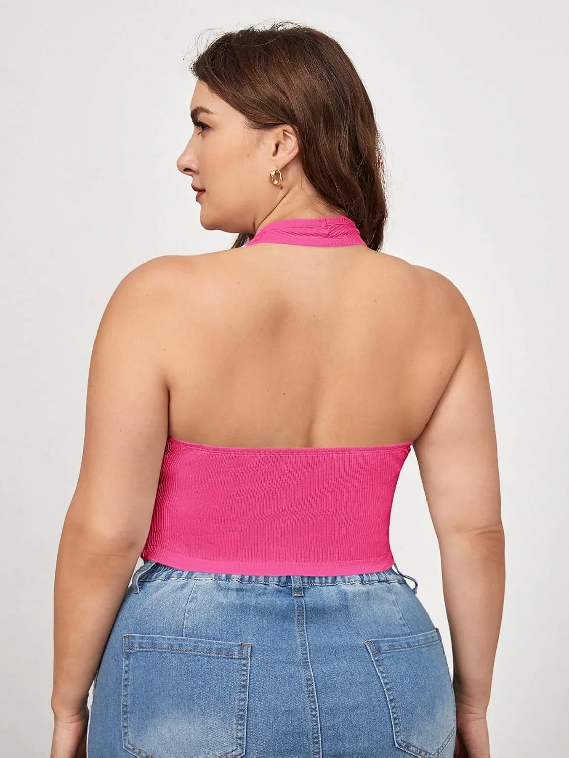 WDIRARA Women's Plus Size Sleeveless Backless Rib Knit Crop Halter Top