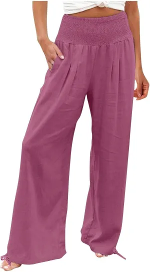Wide Leg Linen Pants Women Summer High Waisted Boho Beach Flowy Pant Casual Vacation Outfits Elastic Lounge Trousers
