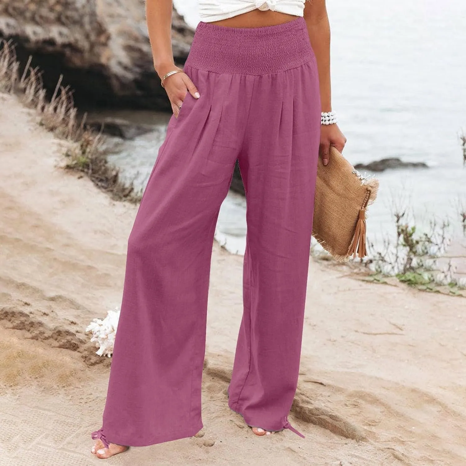 Wide Leg Linen Pants Women Summer High Waisted Boho Beach Flowy Pant Casual Vacation Outfits Elastic Lounge Trousers