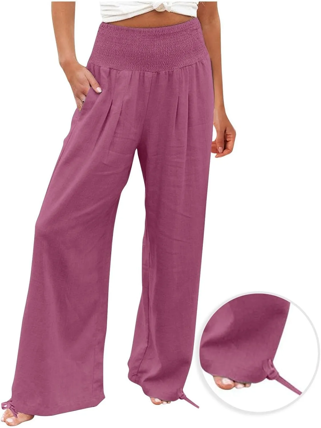 Wide Leg Linen Pants Women Summer High Waisted Boho Beach Flowy Pant Casual Vacation Outfits Elastic Lounge Trousers