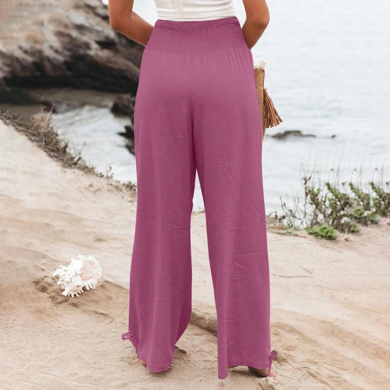 Wide Leg Linen Pants Women Summer High Waisted Boho Beach Flowy Pant Casual Vacation Outfits Elastic Lounge Trousers